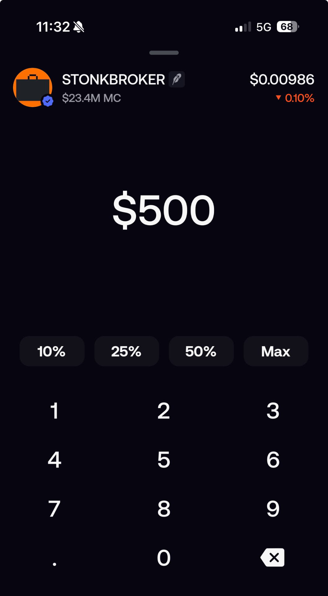 STONKBROKER purchase amount screen showing percentage controls and number pad